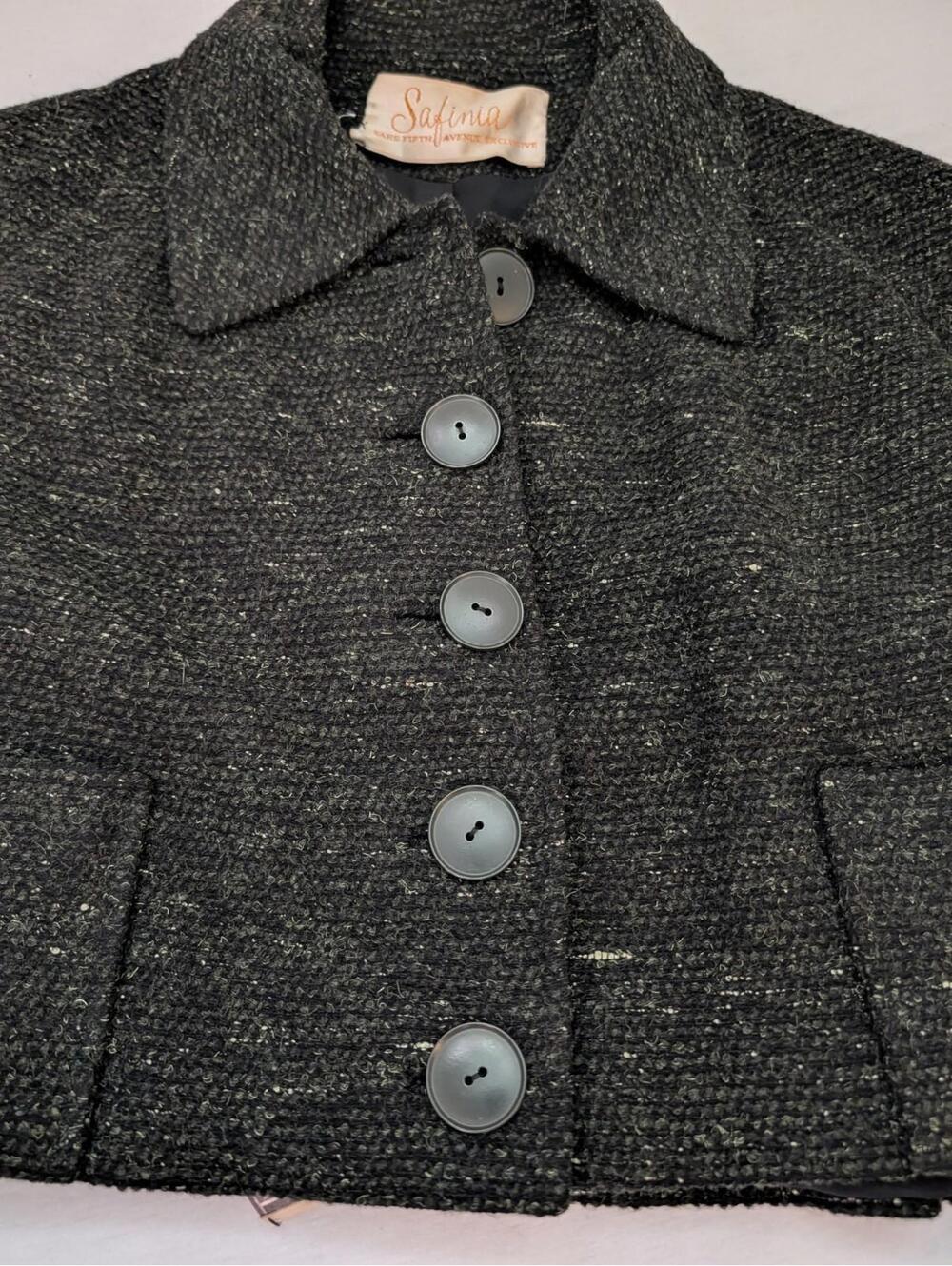 Vintage Safinia Saks Fifth Avenue Wool Silk Cropped Jacket Black Dark Green